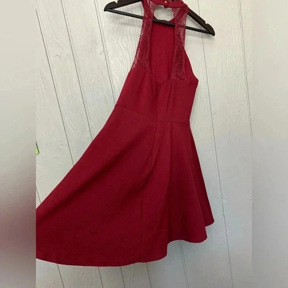Lulus Hometown Girl Red Wine Lace Skater Mini Dress Halter Open Back | size XL - Picture 10 of 11